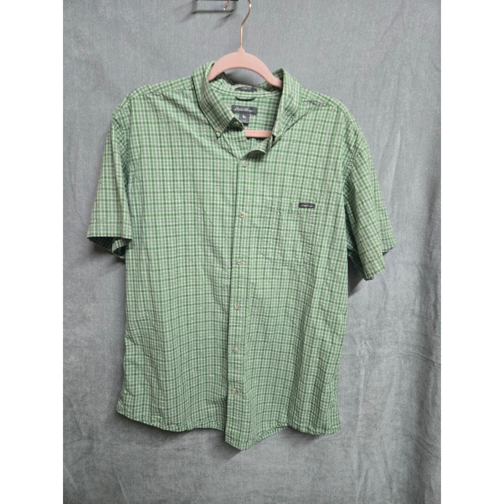 Eddie Bauer Mens Classic Fit Green Plaid Short Sleeve Button Down Shirt Large